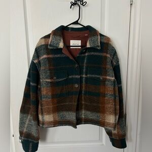 Aritzia Wilfred Plaid Teddy Jacket in Forest Green, Brown & Cream